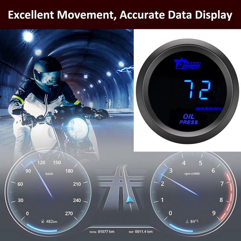 LKRXW Car Oil Pressure Gauge 12V Auto Oil Press Gauge Psi 2" 52mm Meter Digital Blue Light Psi Pressure Gauge Instruments 0 to 150Psi Smoke Tint Len with Sensor - Image 4